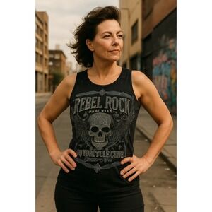 Be Vocal Rebel Rock Rhinestone Skull Motorcycle Tank Top - Medium